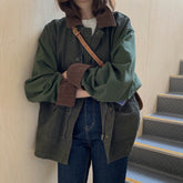 Vintage Patchwork Turn-down Collar Corduroy Jacket Autumn Loose Hip Green  Jacket Women Streetwear Casual Outerwear Female Top